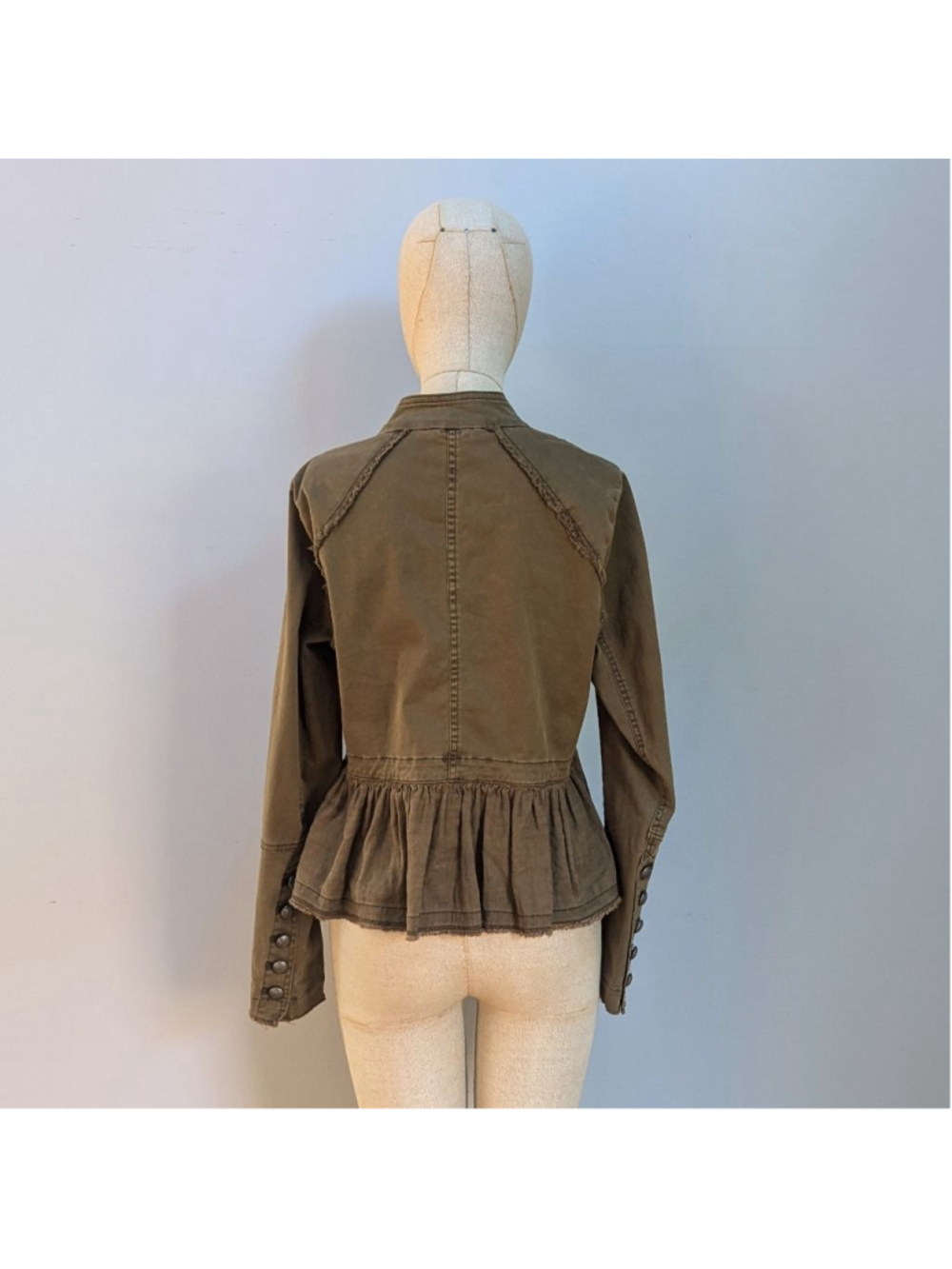 Free People Olive Military Inspired Flared Hem Denim Jacket - Small - Picture 4 of 11
